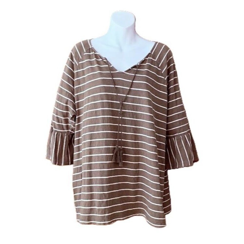 CJ Banks Women’s 1X Olive White Striped Tunic Top Bell Sleeve Tassel 100% Cotton
